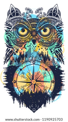 Owl and compass tattoo and t-shirt design. Symbol of meditation, thinking, tourism, adventure, wisdom 