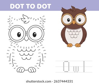 Owl connect the dots activity sheet. Reveal a cute owl by connecting numbered dots. Learning numbers while having fun.