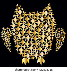 An owl consisting of gold plates on a black background. The symbol of wealth, wisdom