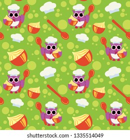 Owl cook seamless pattern for fabric, textile, cloth or wrapping paper. Colorful backdrop vector illustration on green background