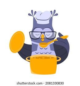 Owl cooks food in a saucepan. Serious owl with glasses and apron tastes food with a spoon. Owl chef. Cartoon vector illustration, design for print, sticker and postcard. Isolated on white background