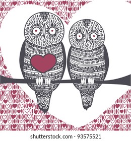 owl couple in love on tree branch with big heart and romantic background
