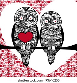 owl couple in love on tree brunch with big heart and romantic background