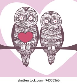 owl couple in love on tree brunch with big heart and heart shaped frame