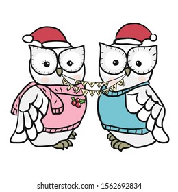 Owl couple Merry Christmas cartoon vector illustration