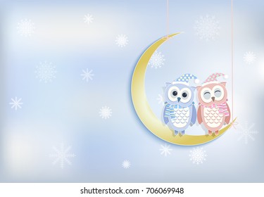 Owl couple and moon with snowflake background, paper art, paper cut style