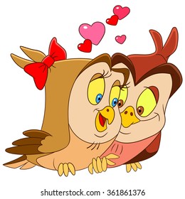 Owl couple. Valentines Day Cartoon characters. Colorful design for kids activity book, coloring page, colouring picture. Vector illustration for children.