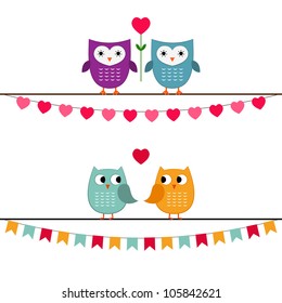 Owl couples with bunting vector set