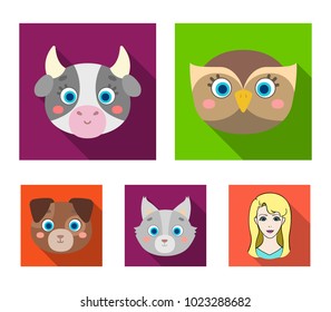 Owl, cow, wolf, dog. Animal's muzzle set collection icons in flat style vector symbol stock illustration web.