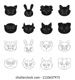 Owl, cow, wolf, dog. Animal's muzzle set collection icons in black,outline style vector symbol stock illustration web.