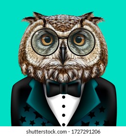 Owl. Creative, colorful, hand-drawn portrait Owl with glasses and bow tie dressed in a tuxedo on a turquoise background.