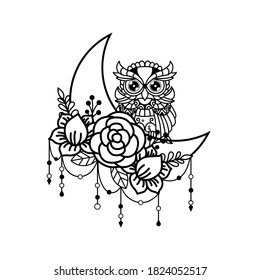 Owl and crescent moon illustration