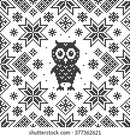 Owl. Cross stitch. Christmas sweater design. Seamless knitted pattern. Vector.