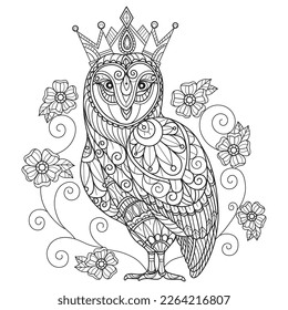 Owl and crown hand drawn for adult coloring book