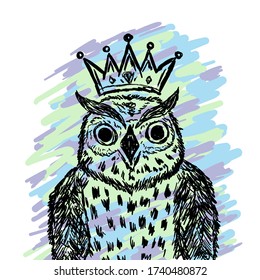 Owl with a crown on an abstract background drawn by hand. Sketch, scribble. Youth vector illustration.