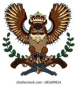 Owl with a crown on his head, laurel branches and revolvers. Old school tattoo style