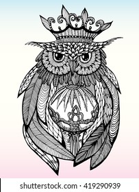 Owl with a crown. Portrait of an owl. Owls Head. Abstract bird. Print. Profile. Decorative. Stylized. Line art. Drawing by hand. Black and white. Isolated. Tattoo.