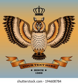 Owl with crown, ribbon and sample text