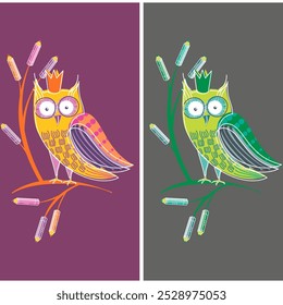 owl with crown in two color variations