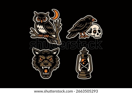 Owl, crown, wolf, skull, lantern retro illustration vector design set for hunting sport. Wild animal night, raven, owl, spooky light vintage logo graphic collections. Nocturnal animal element sticker