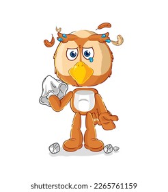 the owl cry with a tissue. cartoon mascot vector