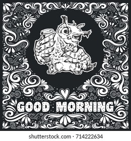 Owl with cup and cake. Black and white Hand drawn  nspirational background with text - Good Morning