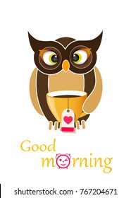 Owl with cup of coffee, funny character isolated on white, Inspirational morning poster for cafe menu