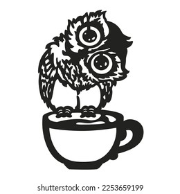 Owl.  Cup.  Owlet knowledge.  Print on clothes.  Painting for wood burning.  Owl symbol of knowledge and education.  Sleepy man like an owl.  Unique image. Cup of tea.