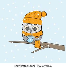 an owl with a cup of tea sits on a branch. snowy winter. vector illustration.