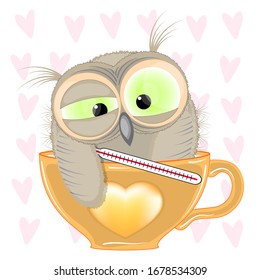 
owl in a Cup with a thermometer. cartoon vector illustration.