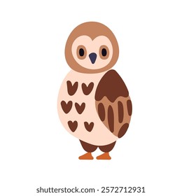 Owl, cute bird. Adorable funny owlet, wild forest birdie, looking, staring with surprise. Feathered animal character. Kids childish flat graphic vector illustration isolated on white background