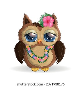 Owl cute cartoon character in holiday concept in hula colors, a dancer in Hawaii