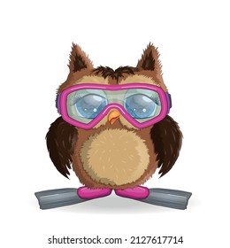 Owl cute cartoon character in holiday concept in fins and a swimming mask