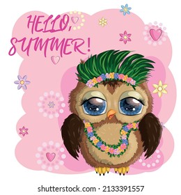 Owl cute cartoon character in holiday concept in hula colors, a dancer in Hawaii