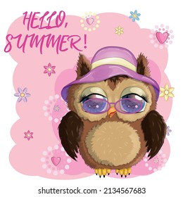 Owl cute cartoon character in holiday concept In a hat, in a cap
