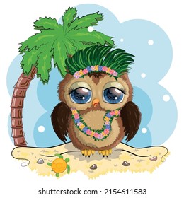 Owl cute cartoon character in holiday concept in hula colors, a dancer in Hawaii on the beach with palm trees