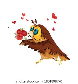 The owl is cute little. Enamored character with a bouquet of flowers surrounded by hearts. illustration in cartoon style. Flat vector.