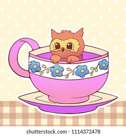 owl Cute little funny kawaii animal pet illustration in a tea coffee cup cartoon vector print illustration.