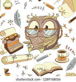 Owl cute pattern vector hand drawn. Isolated on white background. Adorable animal pet bird. The author writes books, creates, composes. Poet, blogger, journalist.