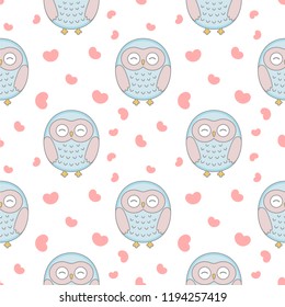 Owl cute seamless pattern background, cartoon vector illustration