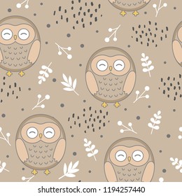 Owl cute seamless pattern background, cartoon vector illustration