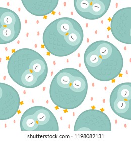 Owl cute seamless pattern background, cartoon vector illustration