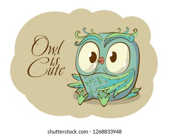 Owl cute vector character hand drawn. Color Isolated on white background. Kid animal print, sticker, card.