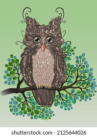 Owl cute in vector. Wild forest feathered nocturnal predatory bird of prey sitting on branch.