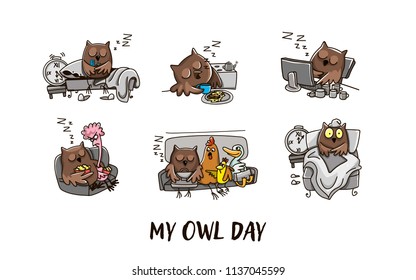 Owl and the day of the owl. Humorous comics about the life of an owl, day and night. Vector illustration
