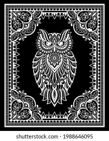 Owl decorated with oriental Indian ethnic floral vintage pattern. Hand drawn decorative bird in doodle style. Stylized mehndi ornament for print, design  room, cover, book. Border and mandala frame.