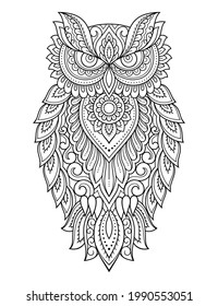 Lechuza decorada con motivos orientales de origen indio floral. Pájaro decorativo dibujado a mano en estilo doodle. Méndez estilizada ornamento para tatuajes, impresión, sala de diseño, portada, libro y página de coloreado.