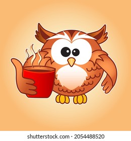 Owl with delicious hot coffee