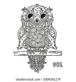 Owl. Design Zentangle. Detailed hand drawn vintage owl with abstract patterns on isolation background. Design for spiritual relaxation for adults. Outline for tattoo, printing on t-shirts, posters