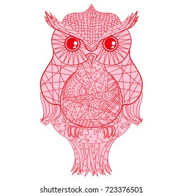 Owl. Design Zentangle. Detailed hand drawn vintage owl with abstract patterns on isolation background. Design for spiritual relaxation for adults